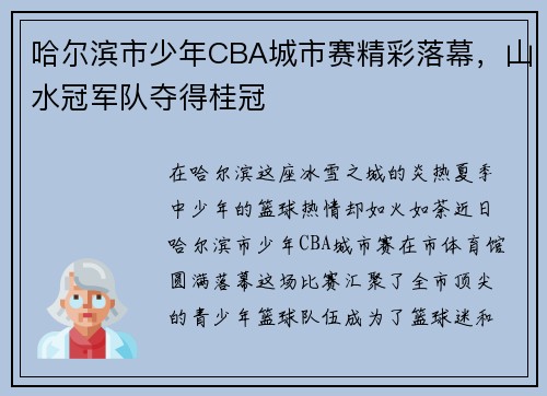哈尔滨市少年CBA城市赛精彩落幕，山水冠军队夺得桂冠